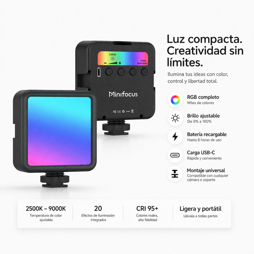 Luz de Relleno RGB Portátil LED – Mini Fill Light para Cámara, Smartphone, GoPro y Laptop